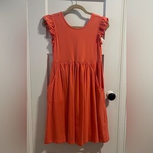 Hanna Andersson Vibrant Coral Dress with Ruffle Sleeves Size 150 (12)